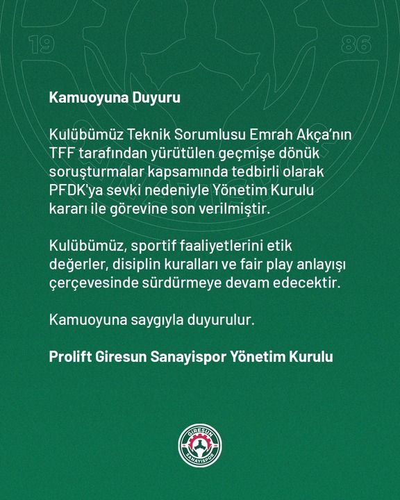 Giresun Sanayispor’da Emrah Akça’nın akıbeti belli oldu