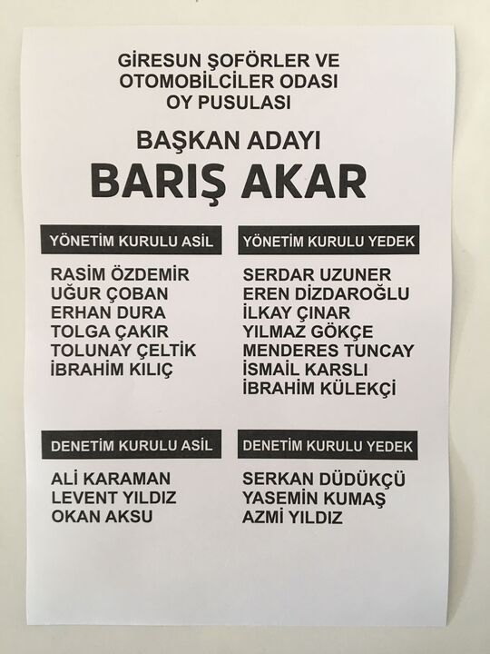 Giresun Şoförler ve Otomobilciler Odası’nın yeni başkanı Akar!