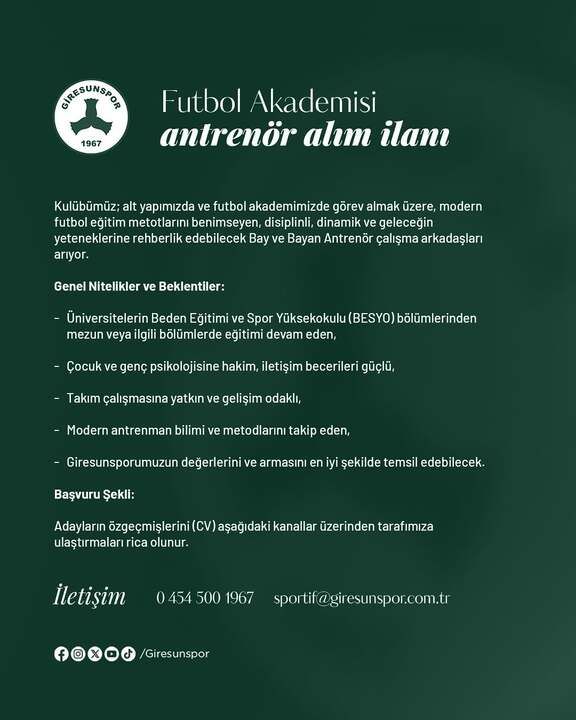 Giresunspor’da Futbol Akademisi Antrenörleri Aranıyor